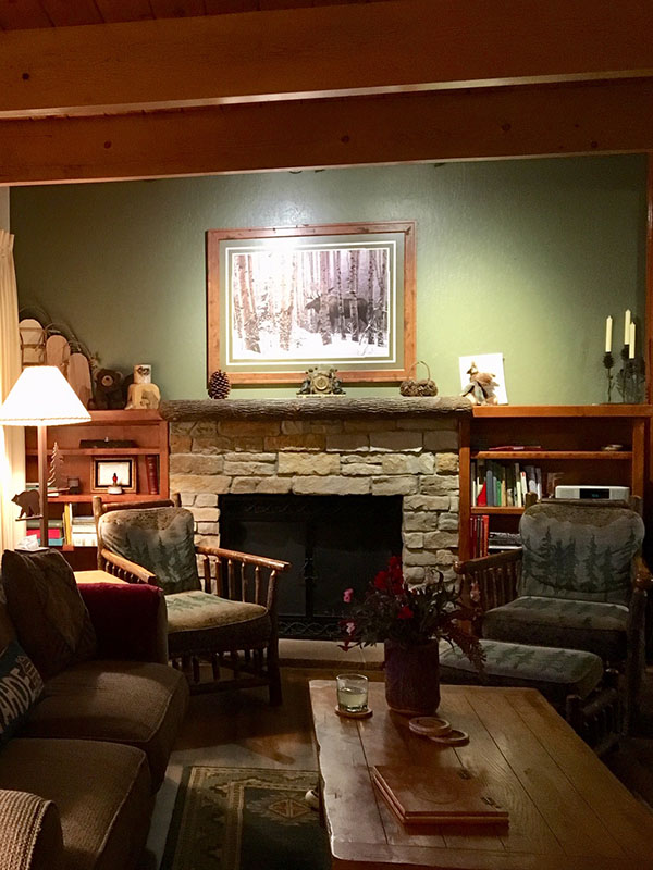 Malones Cabin Living room with fireplace